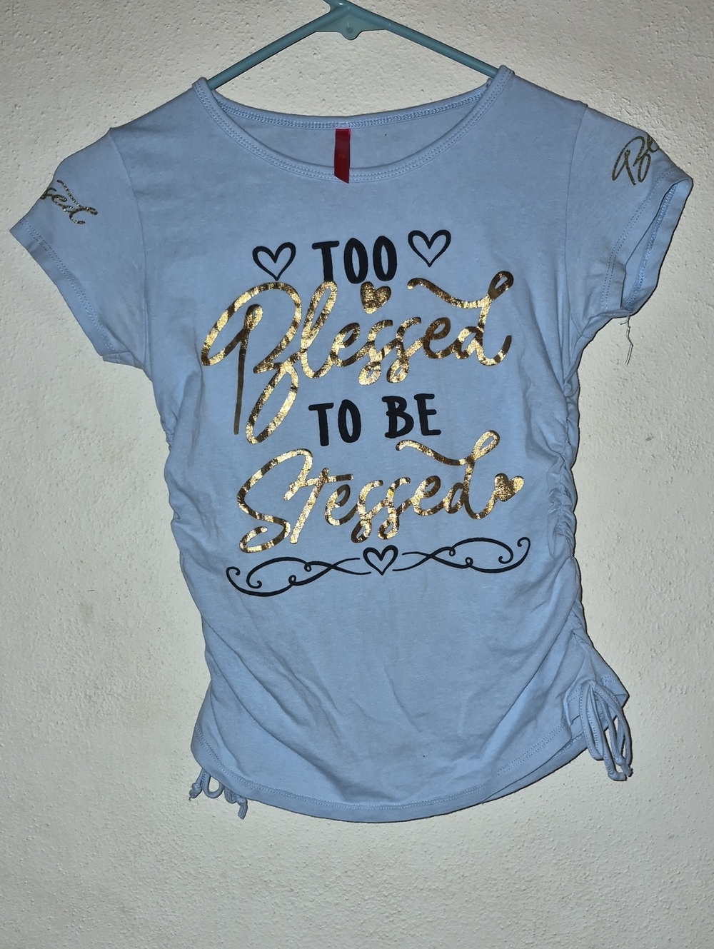 Too Blessed To Be Stressed" Graphic Top 🩵 Blue Gold Foil